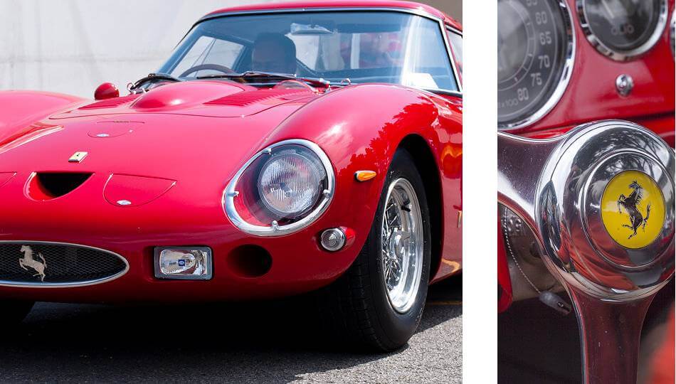 A composite image of a red Ferrari from outside and a shot of the steering wheel
